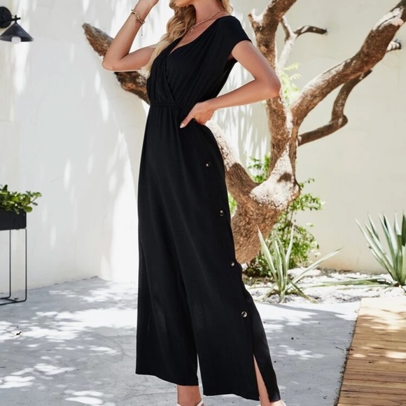 Pants - Black Wide Leg Jumpsuit with Side Buttons in M